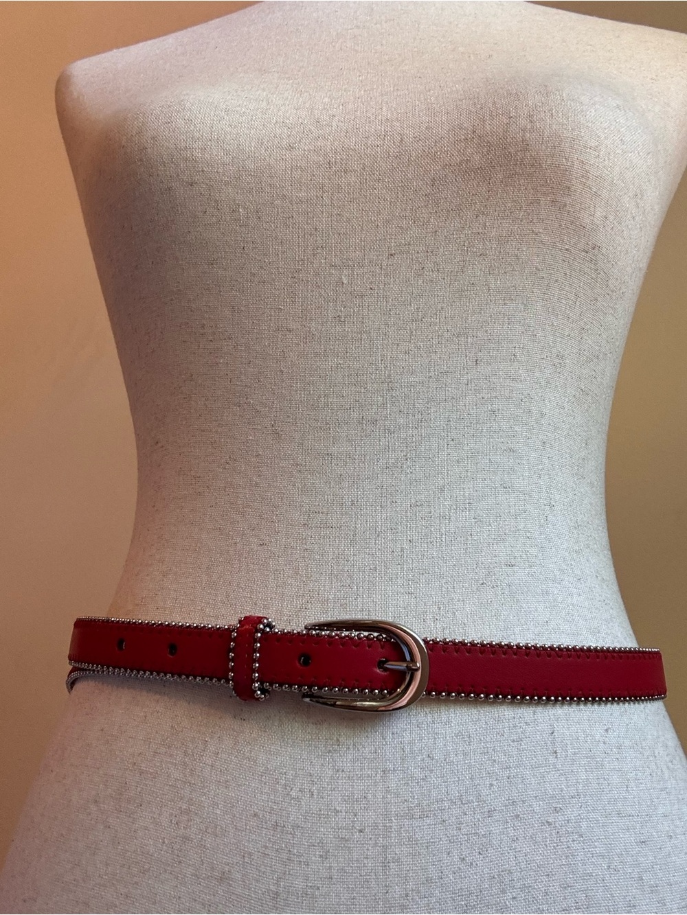 Red Beaded Trim Skinny Belt Size Large Leather Lined Silver Buckle